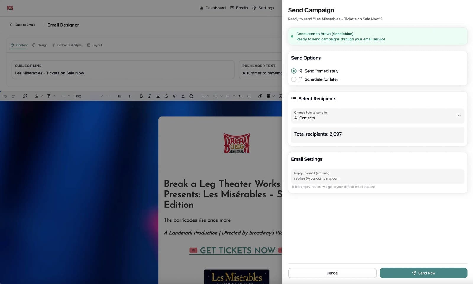 An email designer sending a Les Misérables campaign to every contact